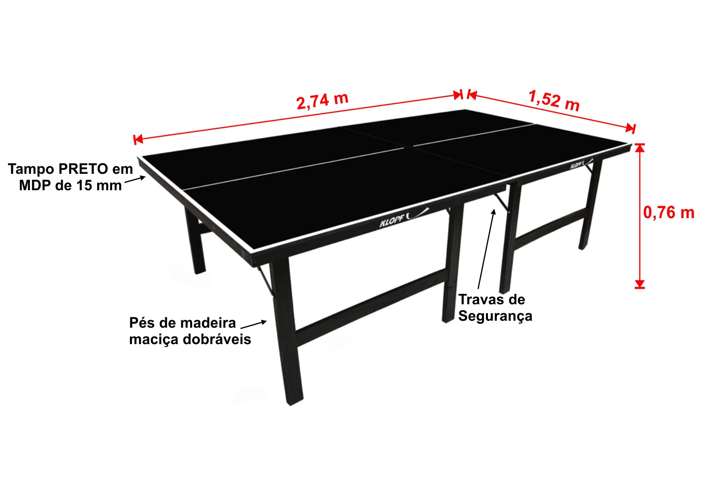 Mesa de Tênis de Mesa / Ping Pong Klopf 1010 MDP 15mm PRETO